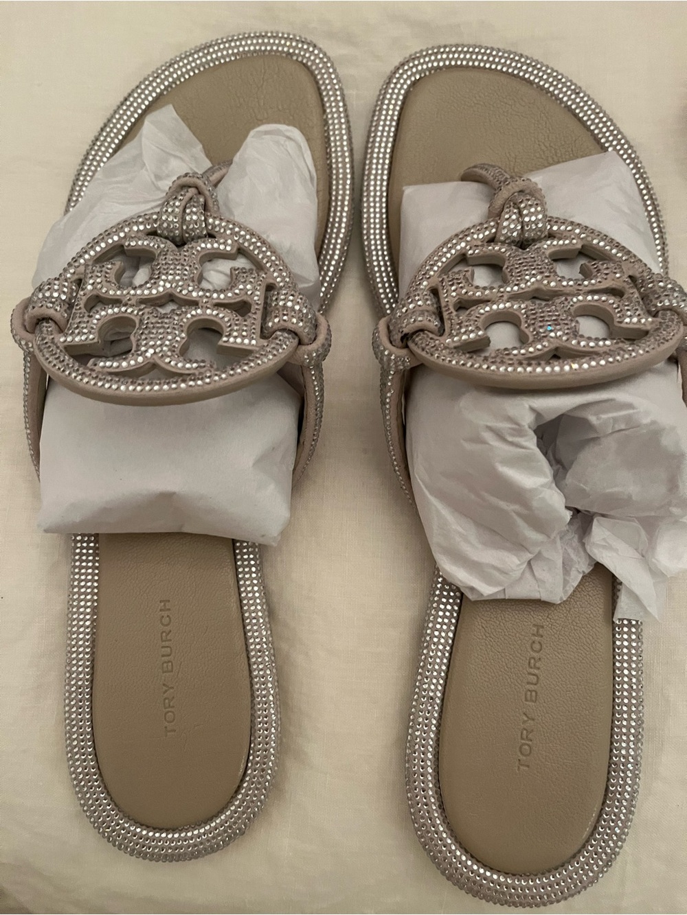 Tory Burch Crystal-Embellished Miller Taupe Slide Sandals